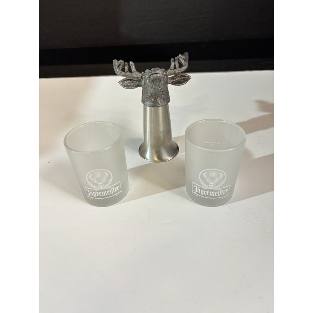 Jagermeister 2 Smoky Shot Glasses & 1 Elk Head Pewter Shot/Bottle Topper VG Cond